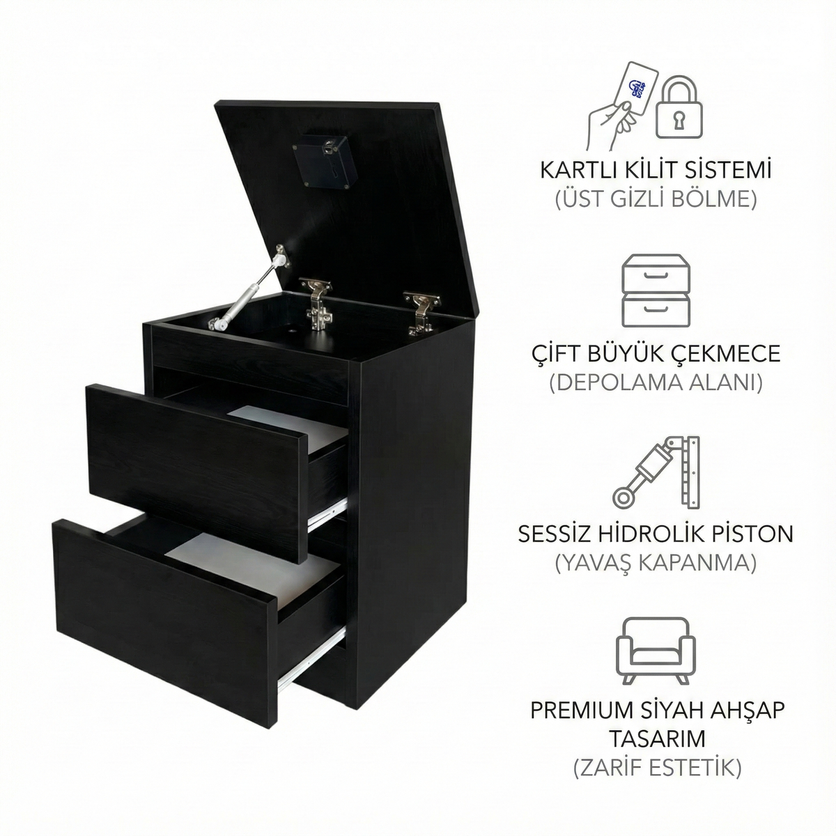 Gizli Bölmeli Komodin Siyah Renk